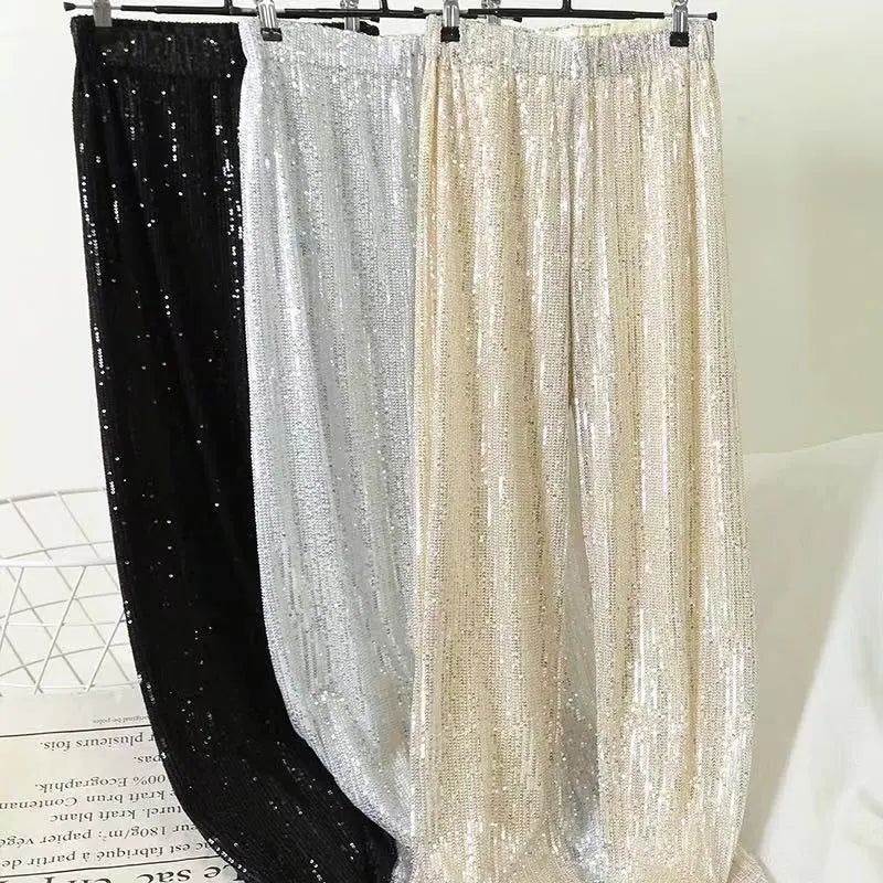 Women's Sequin Wide Leg Pants with Elastic Waist