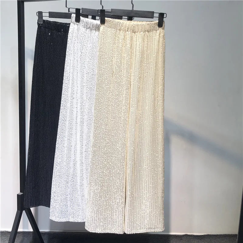 Women's Sequin Wide Leg Pants with Elastic Waist