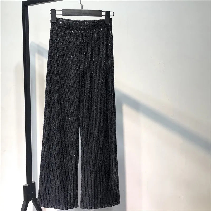 Women's Sequin Wide Leg Pants with Elastic Waist